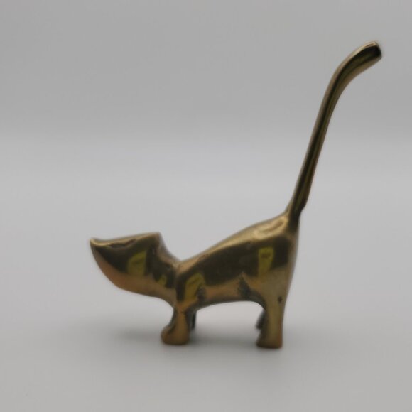 Vtg MCM Solid Brass Ring Holder Cats 2pcs | A Pair of Cat Figurines Dresser Top - Picture 8 of 9